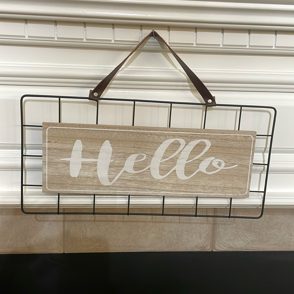Hello Wood and wire sign